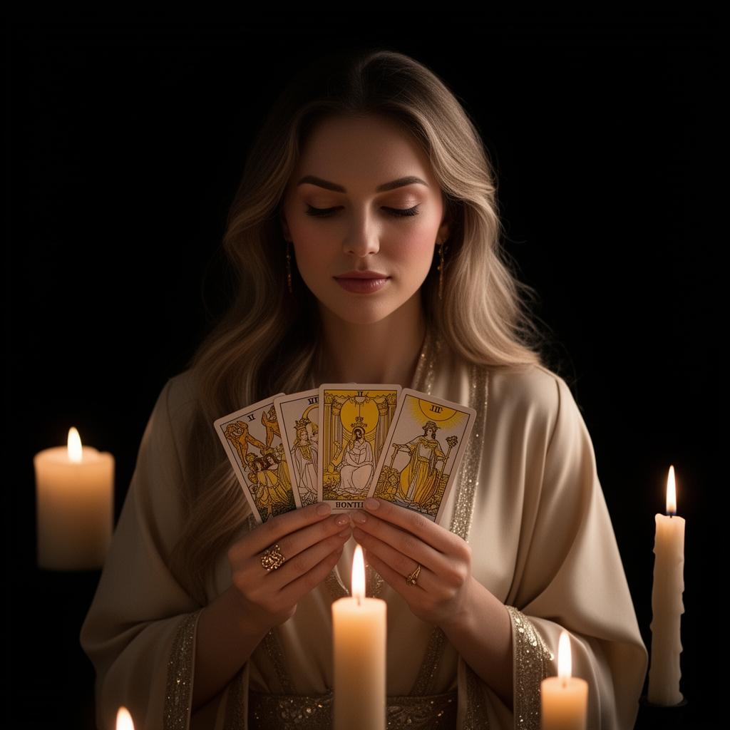 Spiritual advisor holding tarot cards in candlelight