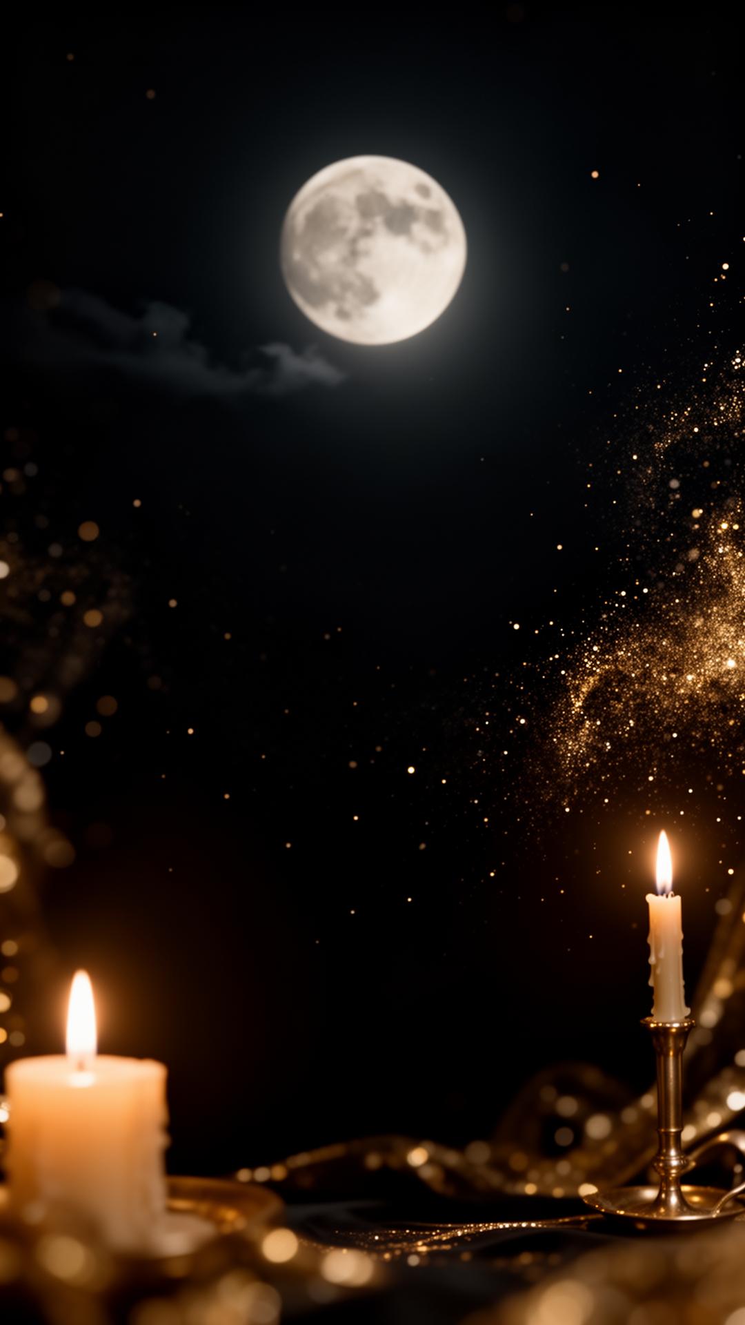 Glowing moon and candles over a mystical night sky